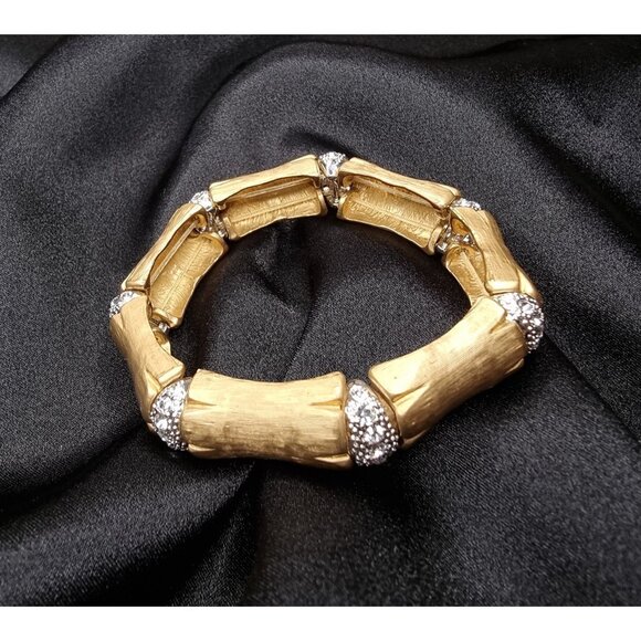 Rare Find KJL Gold Tone Bamboo Style Bracelet W/ Rhinestone Accents - Picture 1 of 6